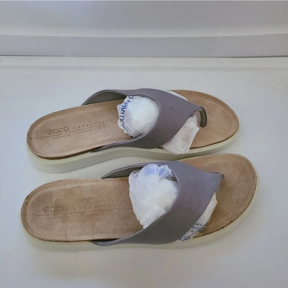 Ecco Corksphere Flip Flop Grey Leather Sandals Size 9